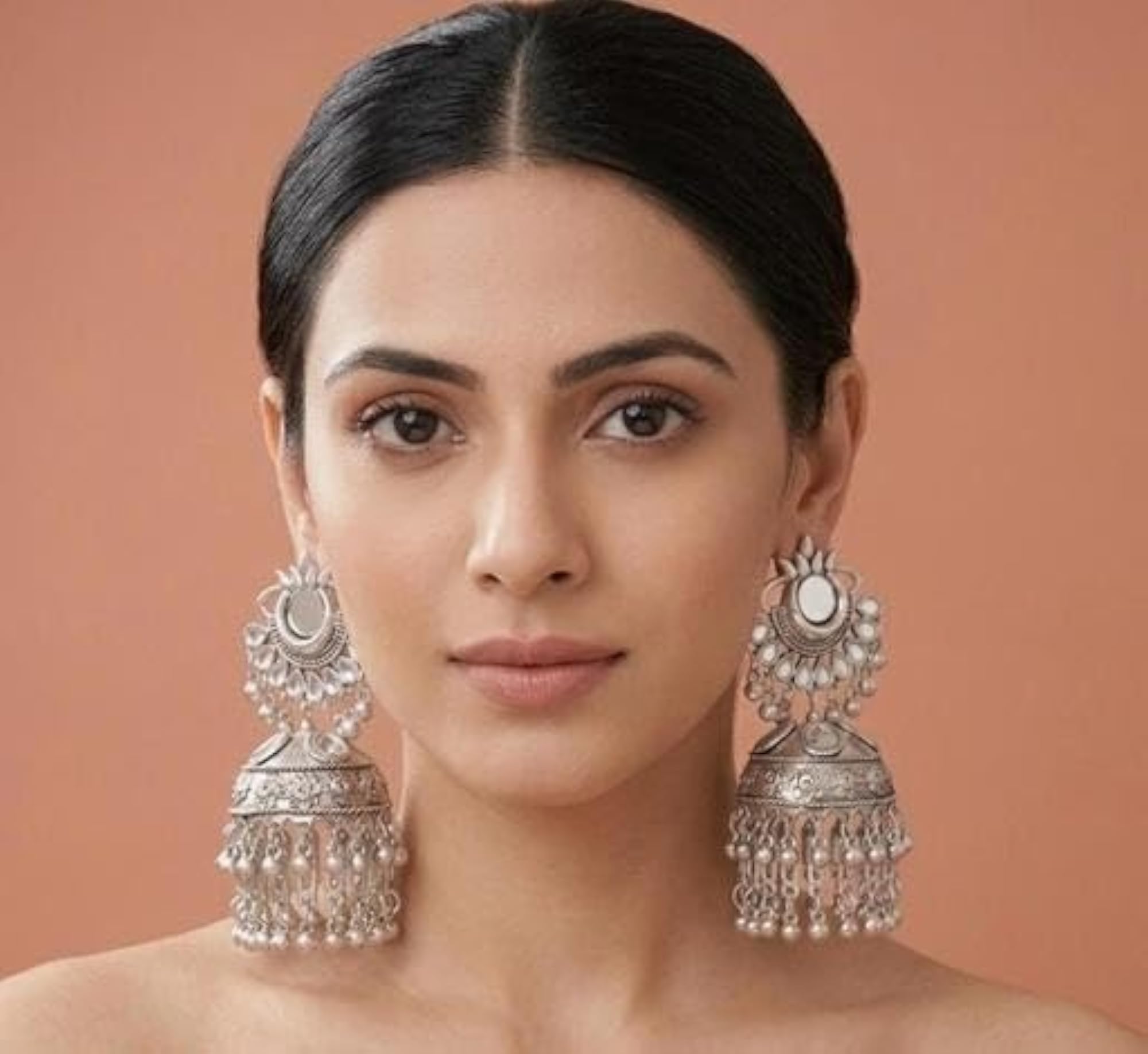 Oxidised Silver Tribal Chandbali Jhumka Earrings for Women